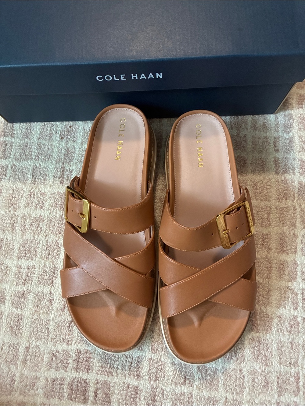 NWT Cole Haan Brown Leather Frays Cross-Strap Slides with Gold Buckles